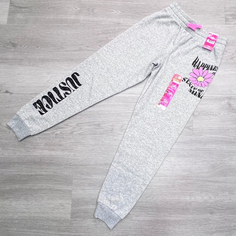 Justice Girls Gray Heather Happiness Graphic Fleece Jogger Pants Size M 10 NWT